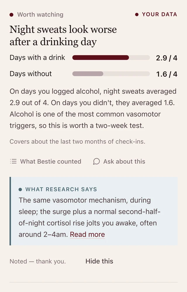 Pattern card: night sweats look worse after a drinking day, with the days counted